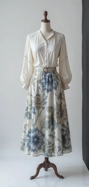 Mannequin wearing a floral polyester skirt and white blouse with a belt.