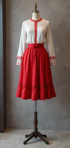 Stylish red skirt with unique hem and embroidered white top.