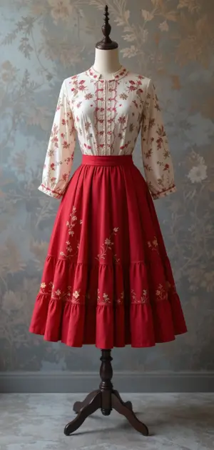 Traditional red skirt with floral embroidery and white top.