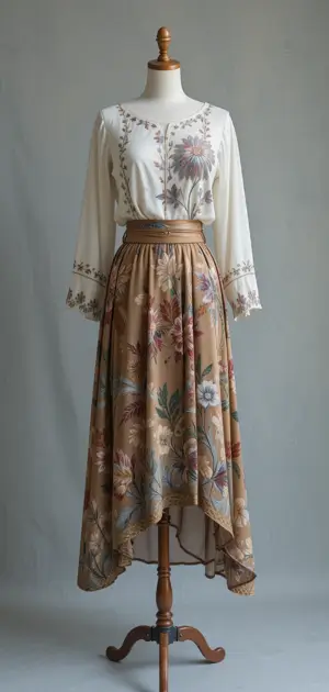 Long floral silk skirt with earthy tones and a white embroidered blouse.