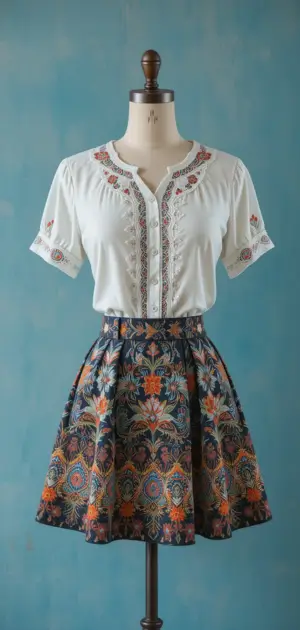 Stylish floral streetwear skirt with a white blouse, ideal for modern fashion.