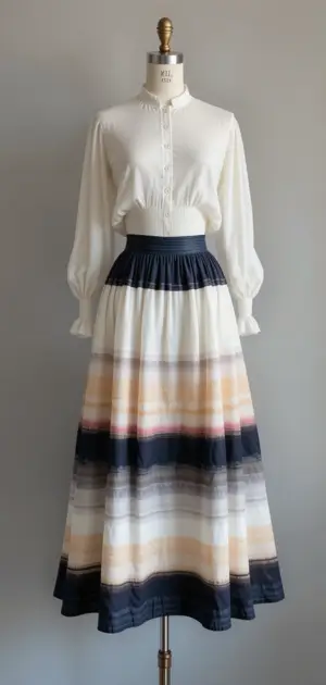 White blouse paired with a soft-toned striped maxi skirt for a graceful look.