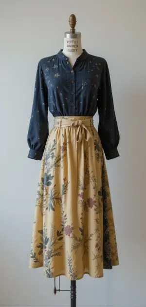 A-line mustard skirt with floral details and a navy blouse.