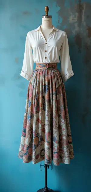 Mannequin wearing a white blouse and an abstract patterned maxi skirt.
