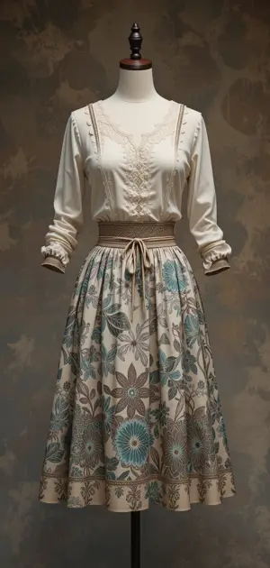 Cream blouse with lace and a floral A-line skirt featuring teal accents.