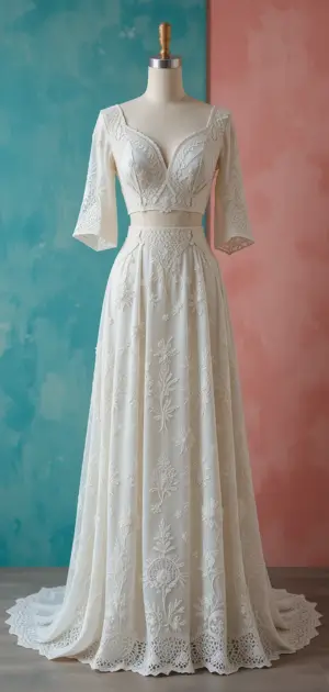 Lace wedding dress with deep V-neckline and flared sleeves on mannequin.