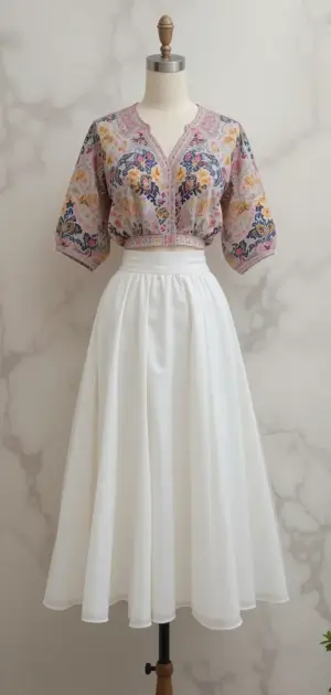 White skirts are styled with colorful embroidered blouses for a vintage flair.