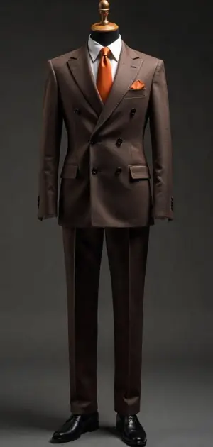Dark brown double-breasted suit with an orange tie
