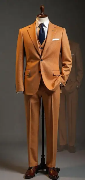 Tan three-piece suit with a navy tie on a mannequin.