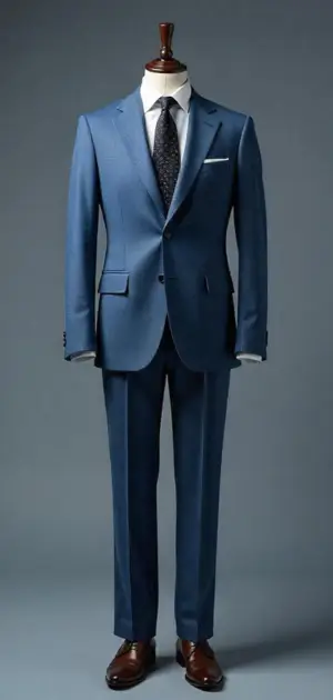 Classic blue suit with a dark tie on a mannequin.