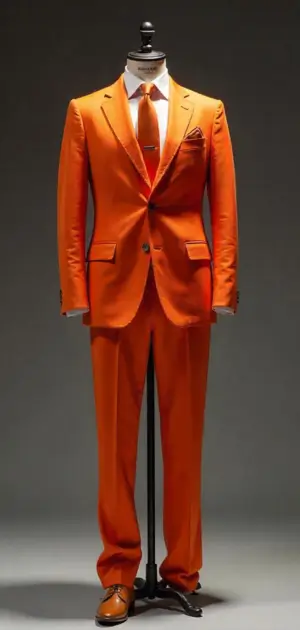 Orange suit with a matching tie and white dress shirt
