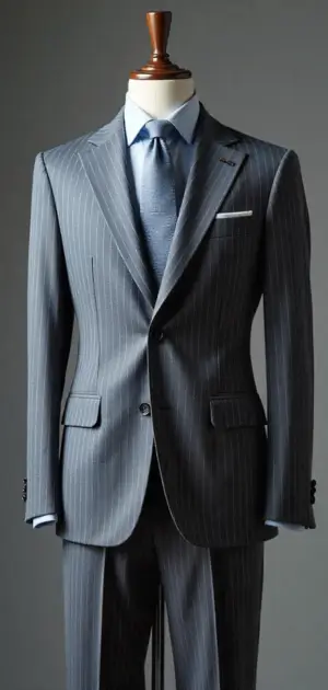 Classic grey pinstripe suit with a blue tie and pocket square