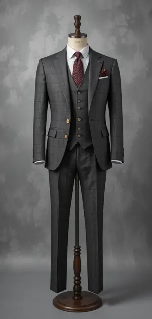 Charcoal grey three-piece suit with a check pattern and gold buttons.