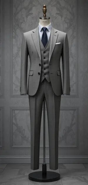 Classic grey three-piece suit with a smooth finish on a mannequin