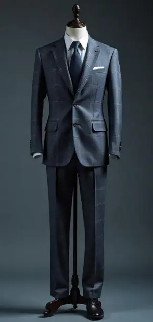 Blue checkered suit with a subtle pattern on a mannequin.