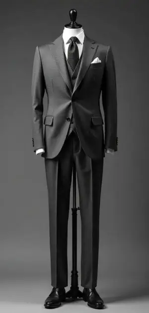Grey three-piece suit with a classic silhouette on a mannequin.