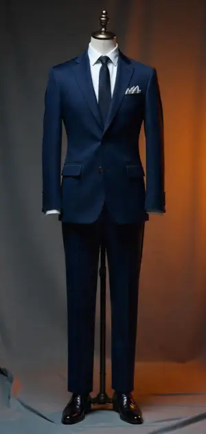 Navy blue slim-fit suit with a white shirt and pocket square on a mannequin