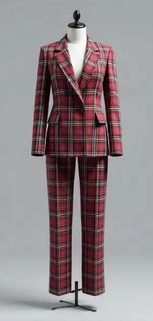 red plaid blazer with matching trousers on a mannequin