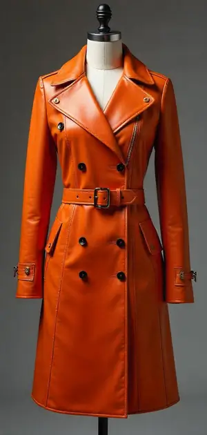 Stylish orange leather trench coat with a belted waist and black buttons