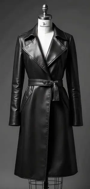 Long black leather coat with a streamlined silhouette and belt closure