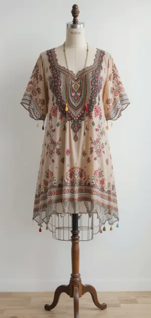 Tan bohemian blouse with colorful floral embroidery and tassels, ideal for casual outings.