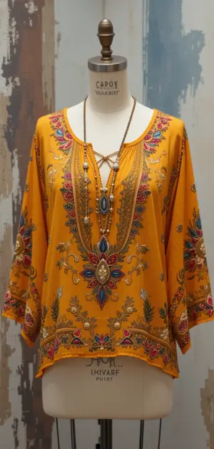 A bohemian mustard yellow blouse featuring floral embroidery and a plunging neckline, perfect for summer style.