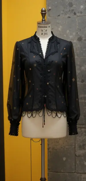 Black long-sleeve blouse with embroidered lace and scalloped hem.