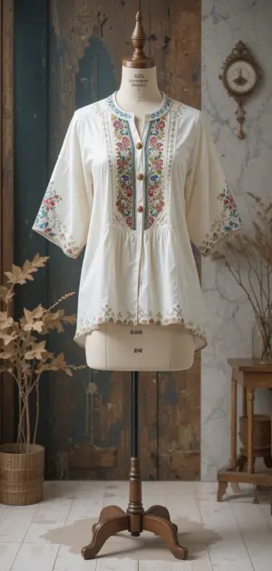 White embroidered blouse with a flowy silhouette and rustic details.