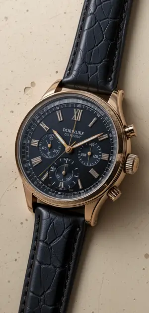 Stylish gold-tone chronograph watch with a black dial and textured strap.