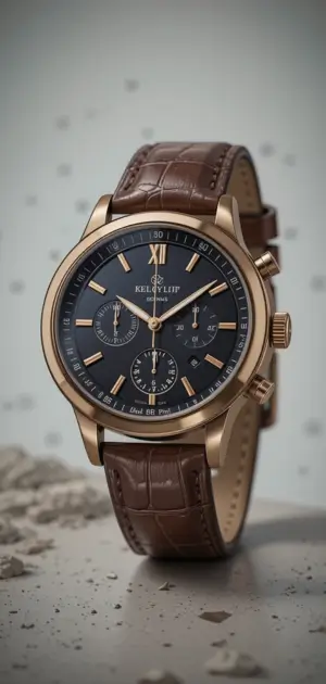 Black dial chronograph watch with gold markers and brown leather strap.