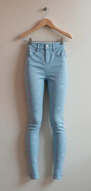 Stylish light blue skinny jeans featuring subtle white designs.