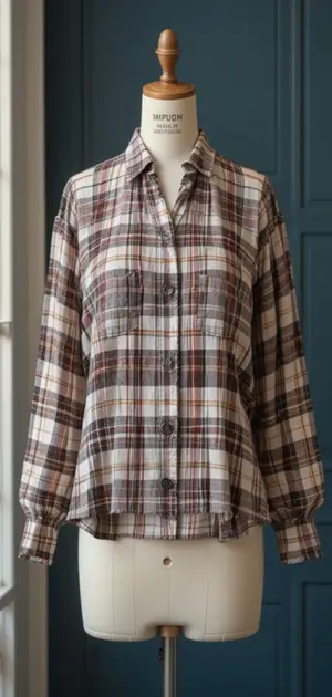 A brown and beige plaid button-up blouse with long sleeves and a relaxed fit.
