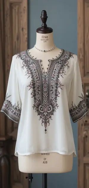 White polyester blouse featuring ornate black embroidery and a V-neck.