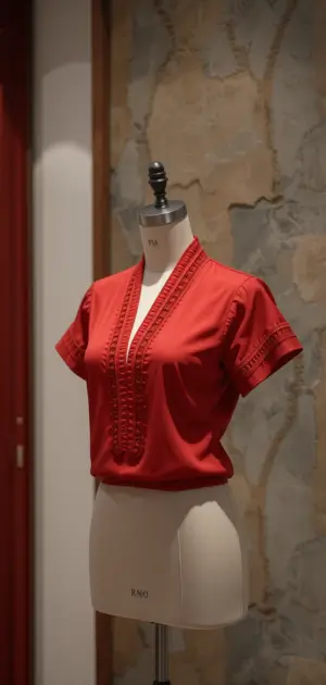 Elegant red short-sleeve blouse with a deep V-neck and embroidery.