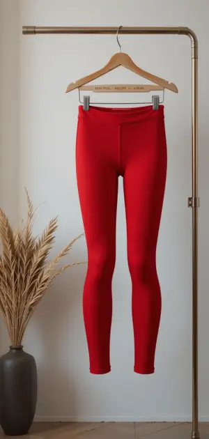Vibrant red leggings displayed on a hanger in a minimalist setting.