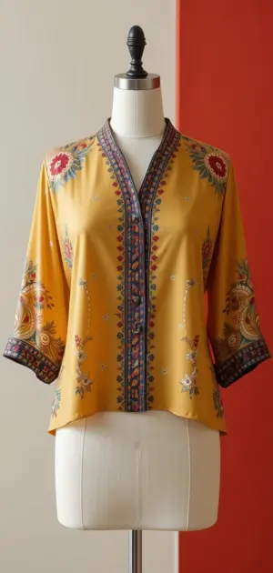 Yellow silk blouse with intricate floral detailing and a boho vibe.