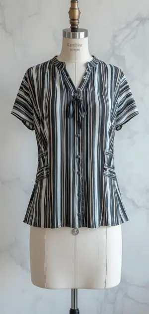 A stylish black-and-white striped blouse with a tie-neck, buttons, and short sleeves.