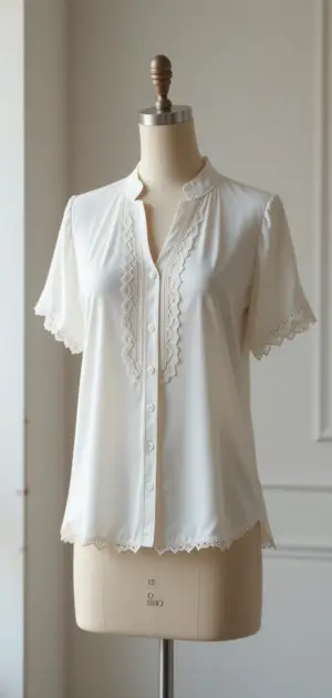 Elegant white button-up blouse with lace details and a soft silhouette.