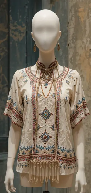 Bohemian blouse with floral embroidery and tassels, offering a chic, laid-back vibe.