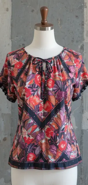 Short-sleeved floral blouse with a tie-neck and geometric accents.