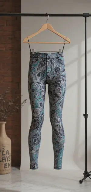 High-waisted leggings with intricate swirled patterns in cool tones.
