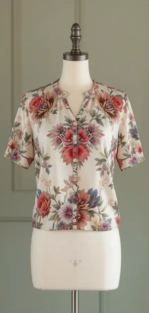 A short-sleeve floral blouse with pink, lavender, and cream floral prints.