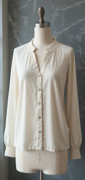 A simple ivory button-up blouse with long sleeves and soft ruffles.