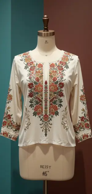 White blouse with colorful embroidery on the front and sleeves.