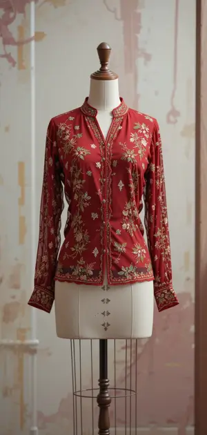 Red fitted blouse with long sleeves, gold embroidery, and button closure.