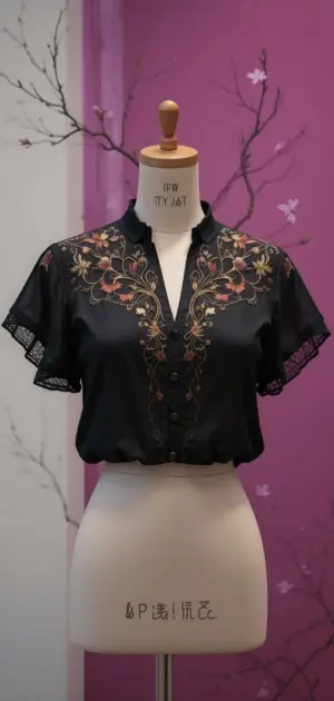 Black embroidered blouse with lace sleeves and button-down front.