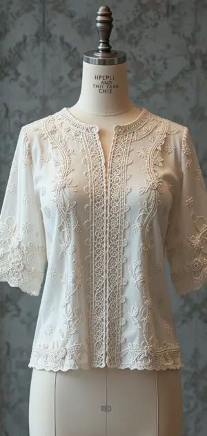 White short-sleeve blouse with intricate floral embroidery and lace trim.