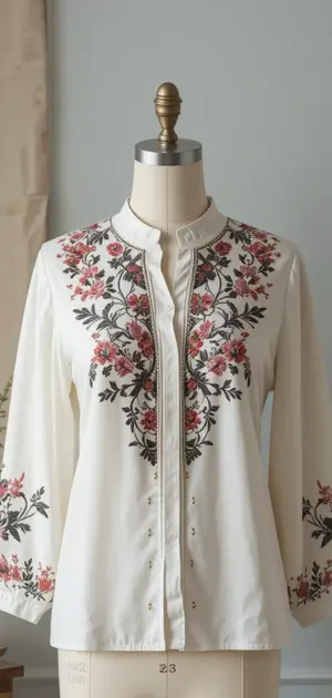 A white blouse featuring intricate floral embroidery along the neckline and sleeves for an elegant touch.
