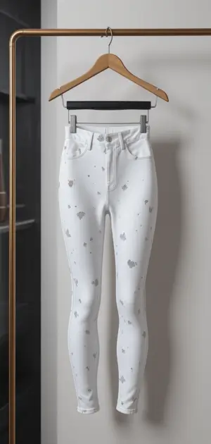White high-rise jeggings featuring subtle silver floral details.
