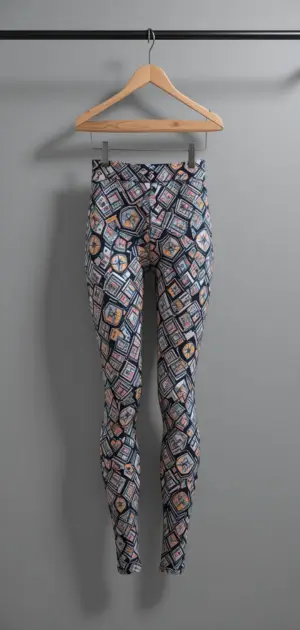 Printed leggings with a pastel geometric pattern hanging on a wooden hanger.